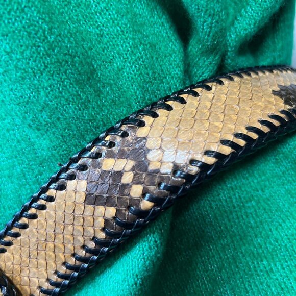 Vintage Snakeskin Belt Wide Exotic Leather Oval Buckle Whipstitch Trim Boho - Picture 5 of 12